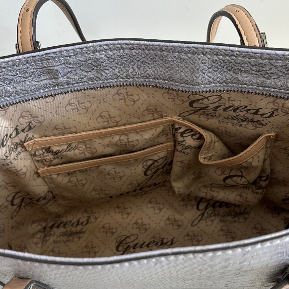 GUESS Lilac Metallic Snakeskin Embossed Tote Purse - Picture 6 of 7